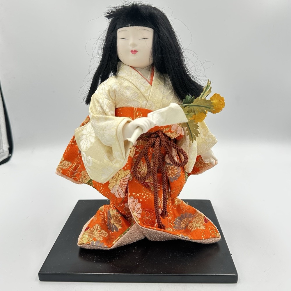 Vintage Japanese Ichimatsu Doll 9.5" Kneeling Kimono Girl Silk Gofun Ningyo